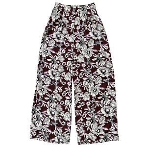 NWT Express Stylist Super High Rise Satin Pleated Wide Leg Maroon Floral Pants 6